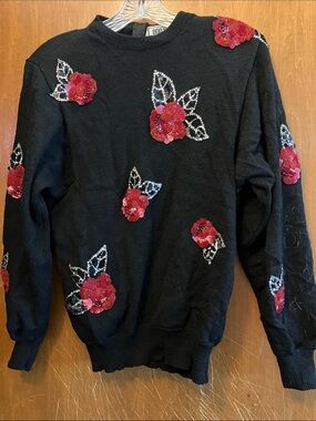 Black Sweater with Red Sequin Floral Appliqués by Don Sayres for Wellmore Sizr 8